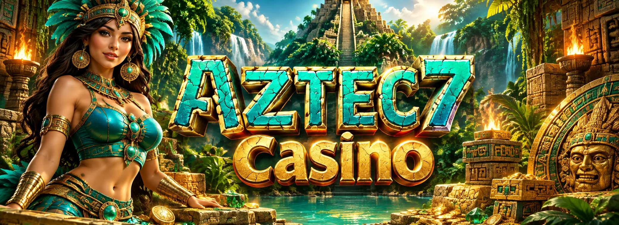 Banner de Aztec7 Casino con selva azteca, oro metálico y el contador del Jackpot Grandioso